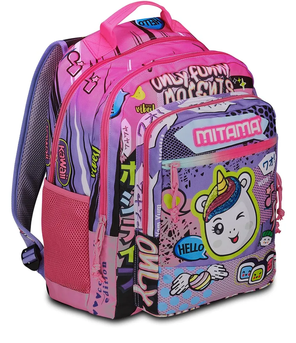 mitama-only-funny-moments-zaino-triplo-scomparto-viola-e-nero-scuola-elementare image 1
