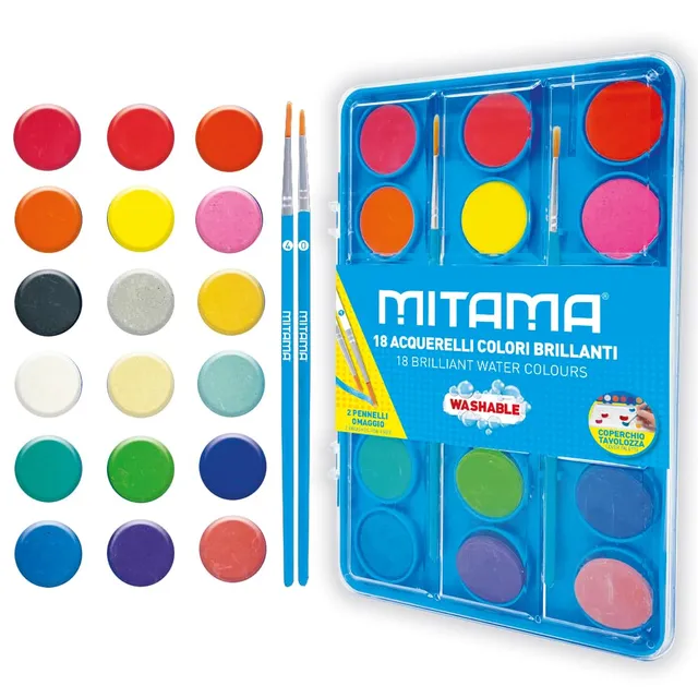 mitama-acquerelli-brillanti-18-colori-2-pennelli-pastiglia-2-9-cm-lavabili image 1