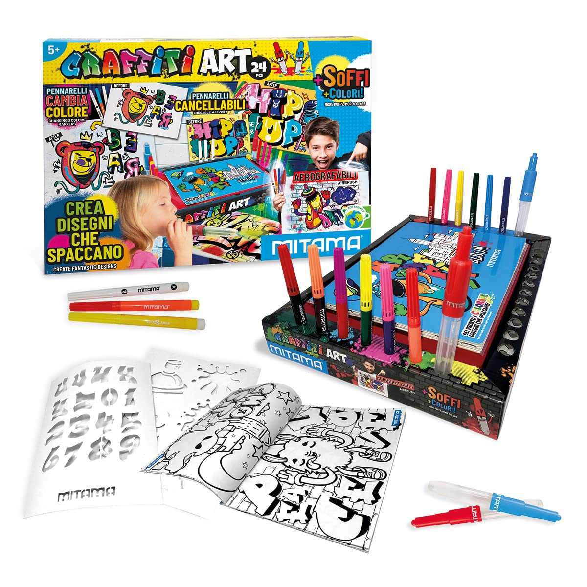 mitama-graffiti-art-kit-creativo-24-pz-con-aerografi-e-stencil-28x39-5x5-cm image 2