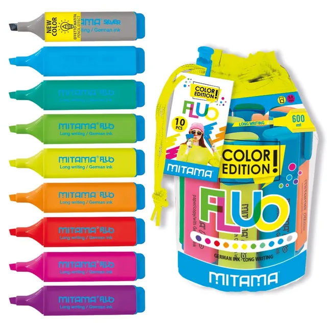 mitama-kit-10-evidenziatori-fluo-punta-scalpello-2-5-mm-colori-assortiti image 1