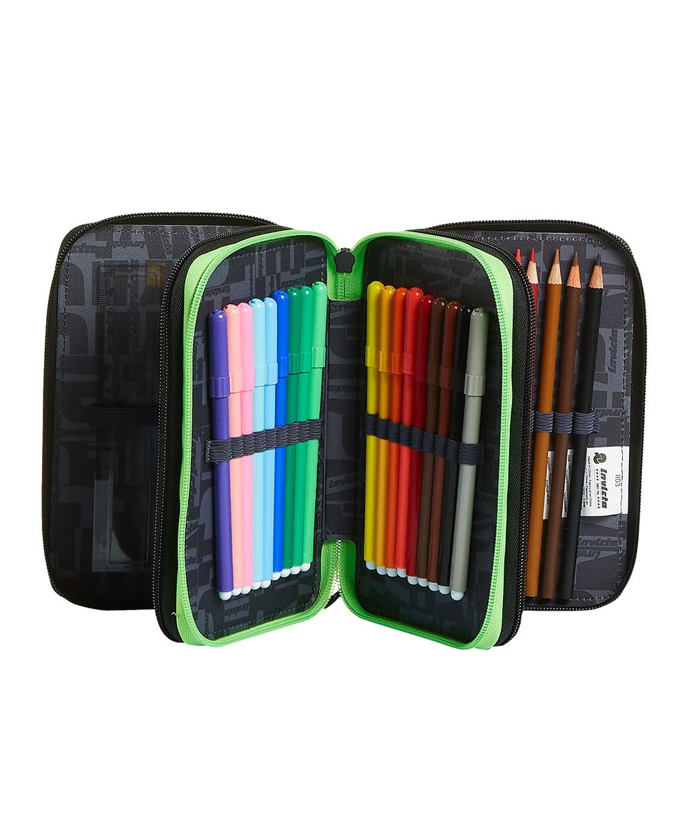 invicta-astuccio-scuola-3-zip-kupang-nero-verde-triplo-scomparto-completo image 2
