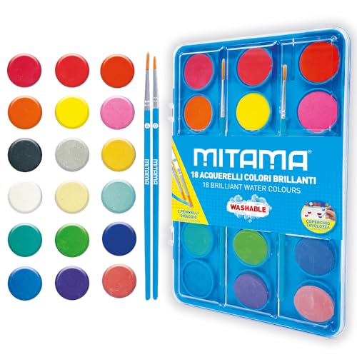mitama-acquerelli-brillanti-18-colori-2-pennelli-pastiglia-2-9-cm-lavabili image 2