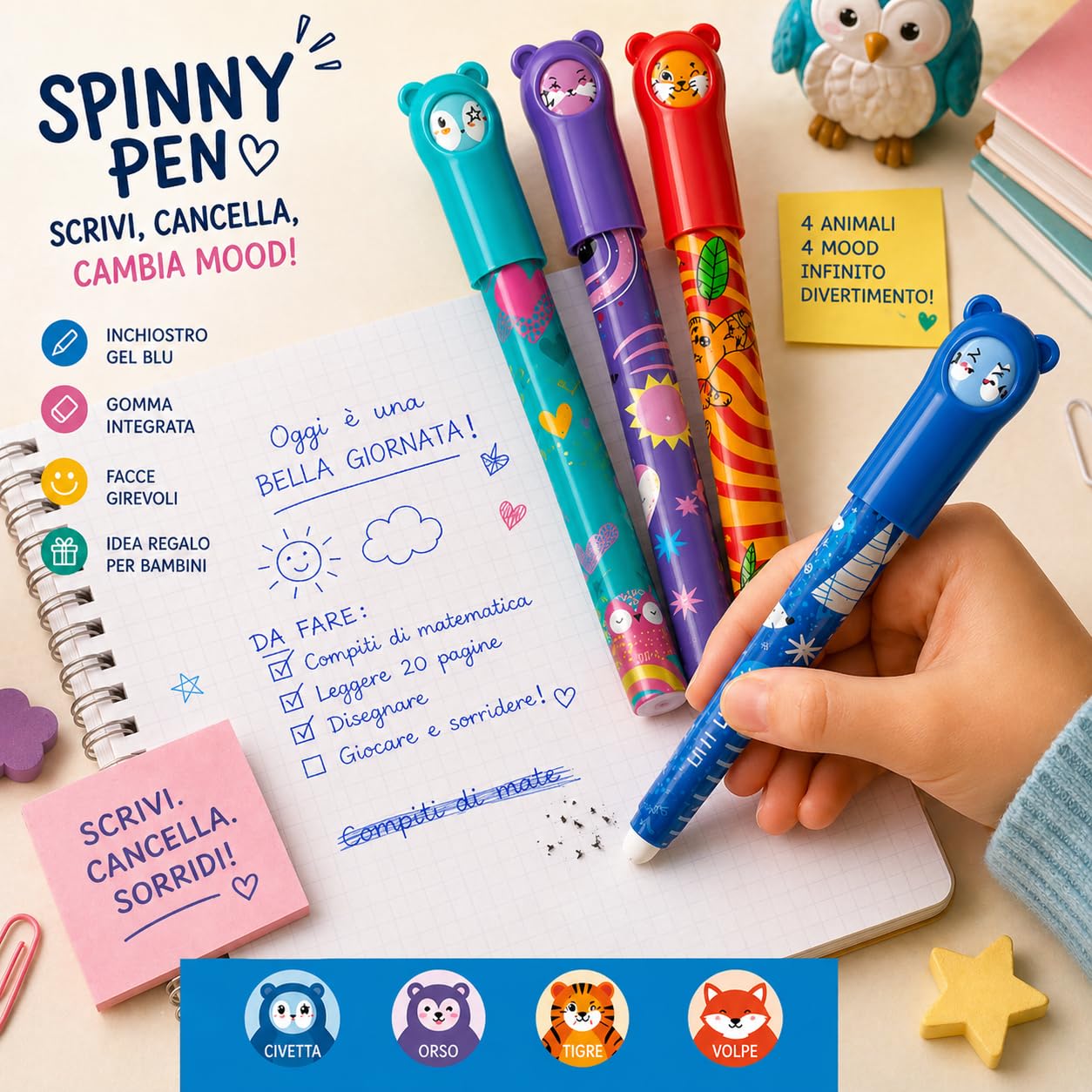mitama-spinny-pen-set-4-penne-cancellabili-blu-0-7mm-animali image 7