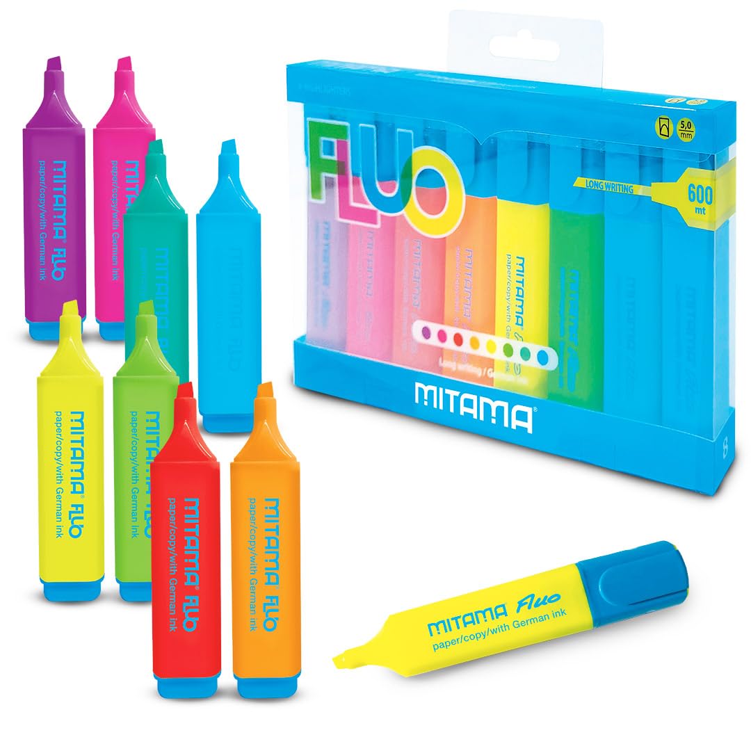 mitama-box-8-evidenziatori-fluo-punta-scalpello-5-mm-colori-assortiti image 1