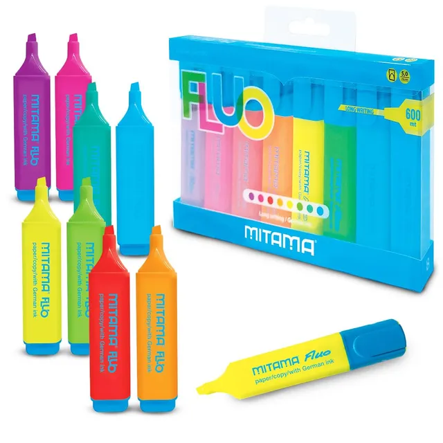 mitama-box-8-evidenziatori-fluo-punta-scalpello-5-mm-colori-assortiti image 1