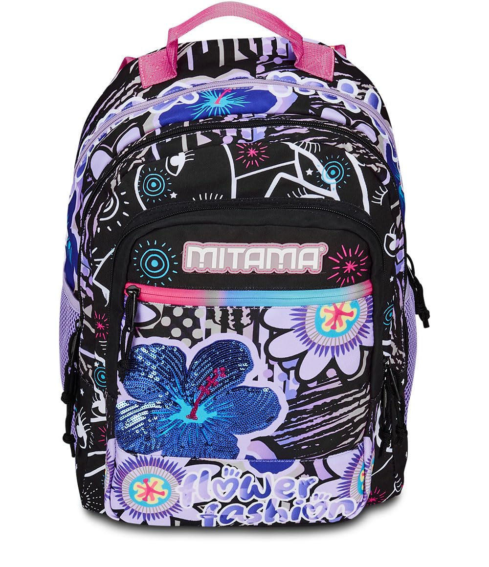 mitama-flower-fashion-zaino-triplo-scomparto-viola-nero-scuola-elementare image 2