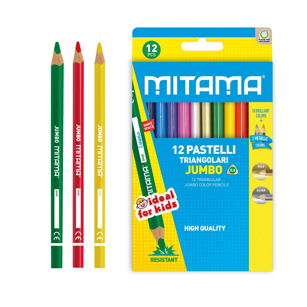mitama-pastelli-jumbo-triangolari-mina-5-0-mm-12-colori-con-2-metallici image 1