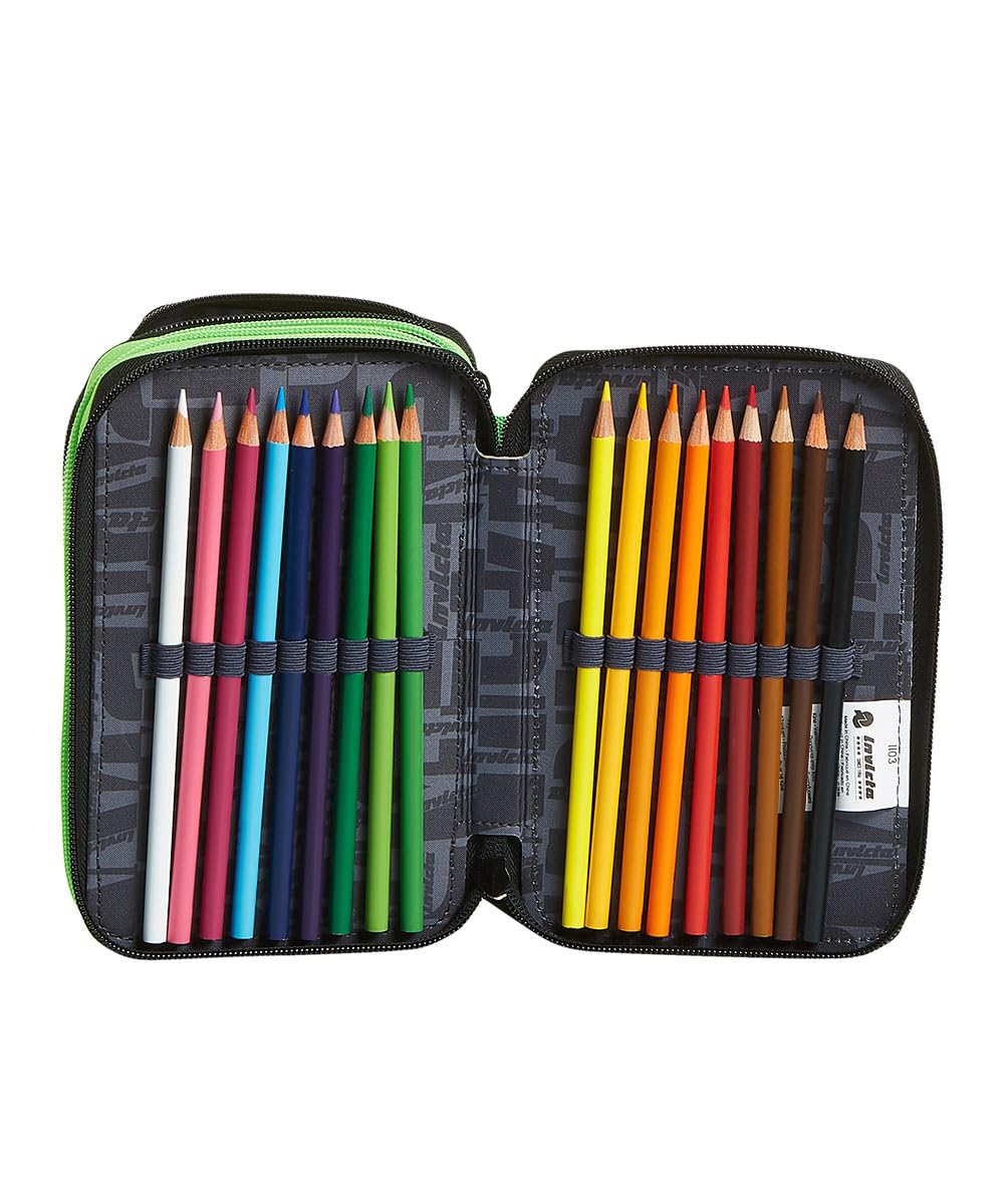 invicta-astuccio-scuola-3-zip-kupang-nero-verde-triplo-scomparto-completo image 5