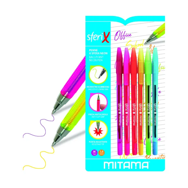 mitama-sferix-penne-a-sfera-neon-assortiti-6-pezzi-punta-1-0-mm image 1