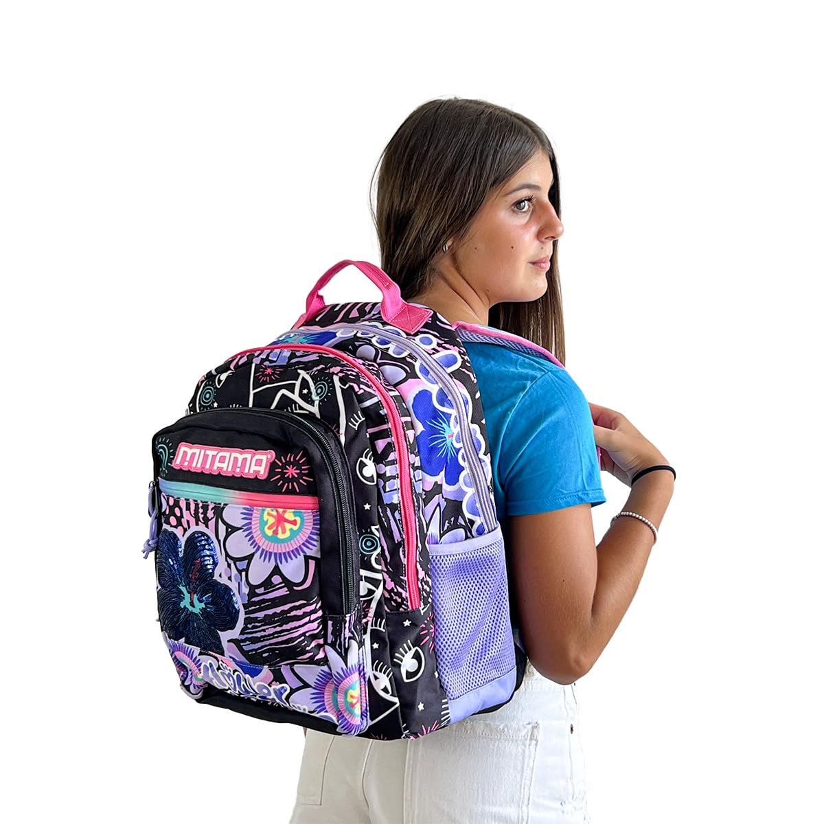mitama-flower-fashion-zaino-triplo-scomparto-viola-nero-scuola-elementare image 4