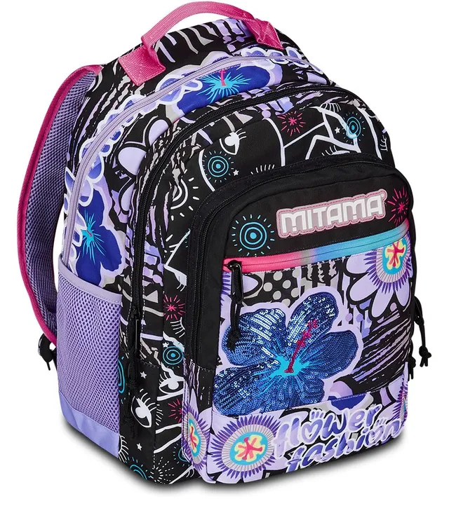 mitama-flower-fashion-zaino-triplo-scomparto-viola-nero-scuola-elementare image 1