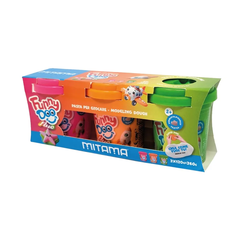 mitama-funny-doo-tris-3-barattolini-pasta-modellare-fluo-arancio-rosa-verde image 1