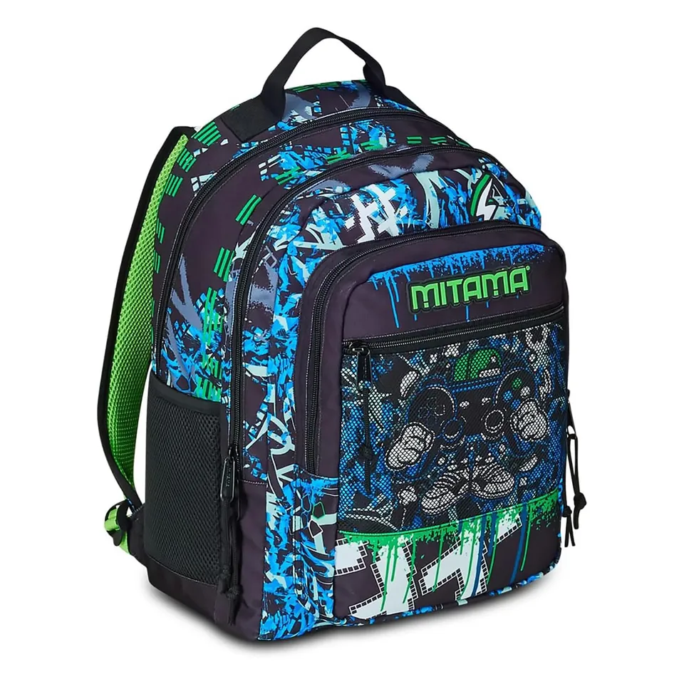 mitama-new-plus-punch-game-zaino-scuola-triplo-scomparto-blu-verde-con-tasca-fro image 1